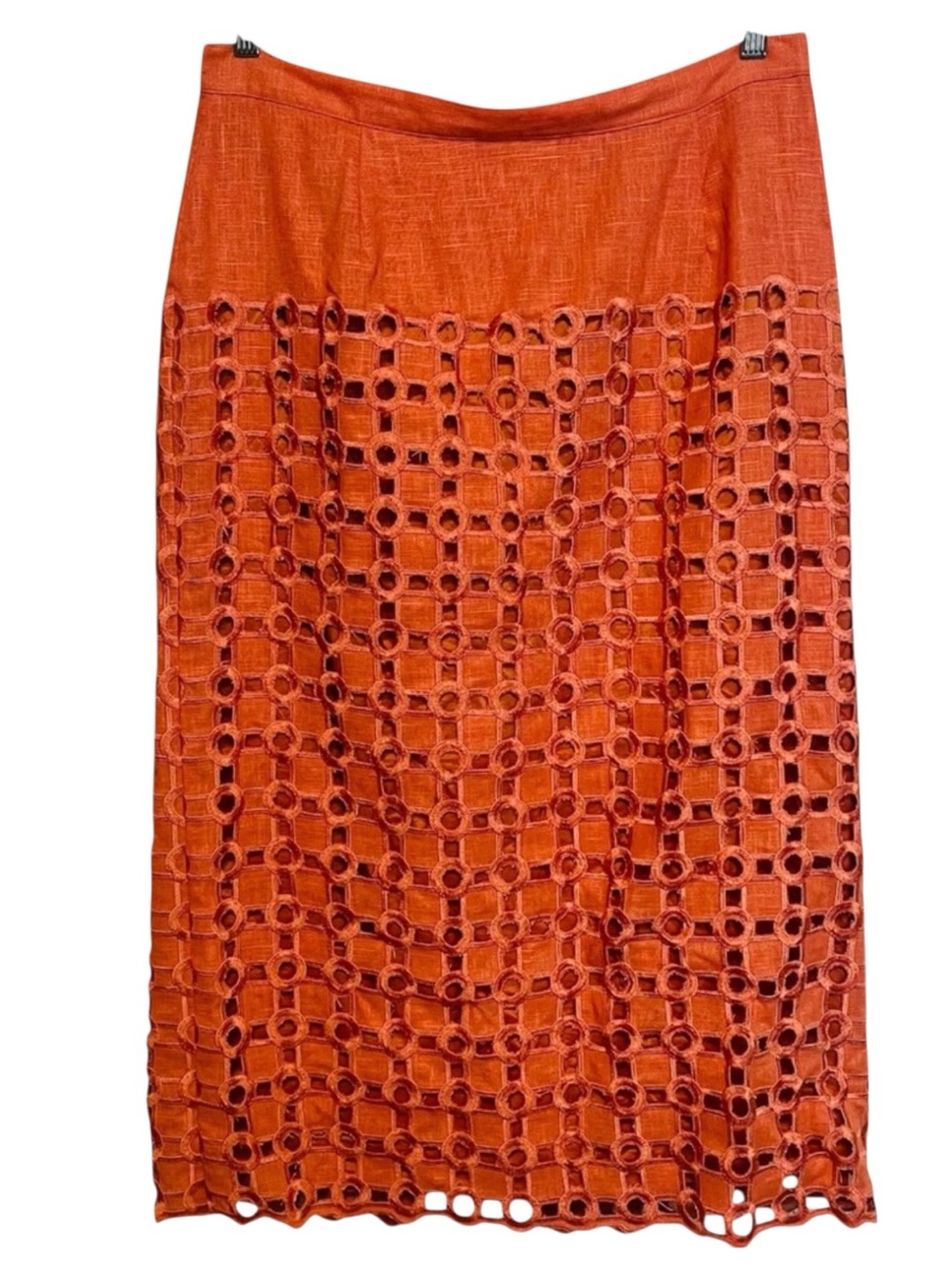 ANN GERLIN 100% Linen Cutout Eyelet Midi Skirt Burnt Orange Size 12